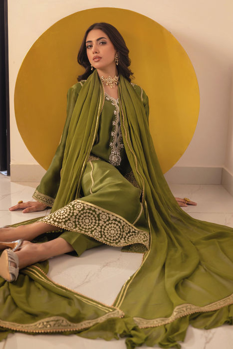 Runela Olive - Shirt, Pants and Dupatta